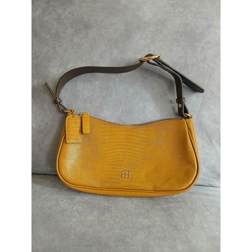 Parisa Wang Mustard Yellow Croc Embossed Leather Baguette Shoulder Bag Gold Logo